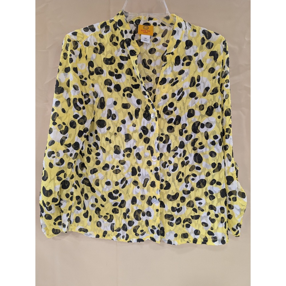 Ruby‎ Rd Petite Women's 10P Yellow Leopard Print Button Front Top Shirt - Picture 4 of 4